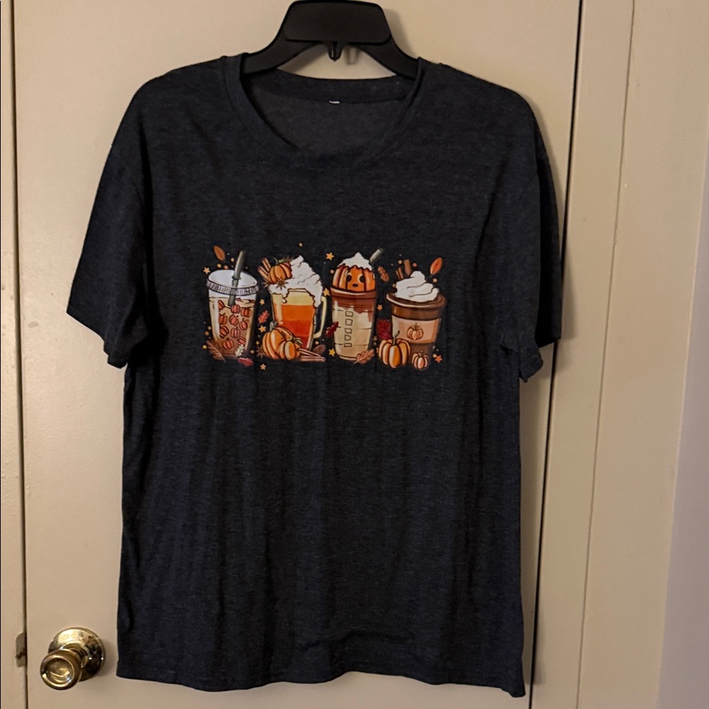 Graphic Autumn Beverage Tee - Navy with Orange Pumpkin Print